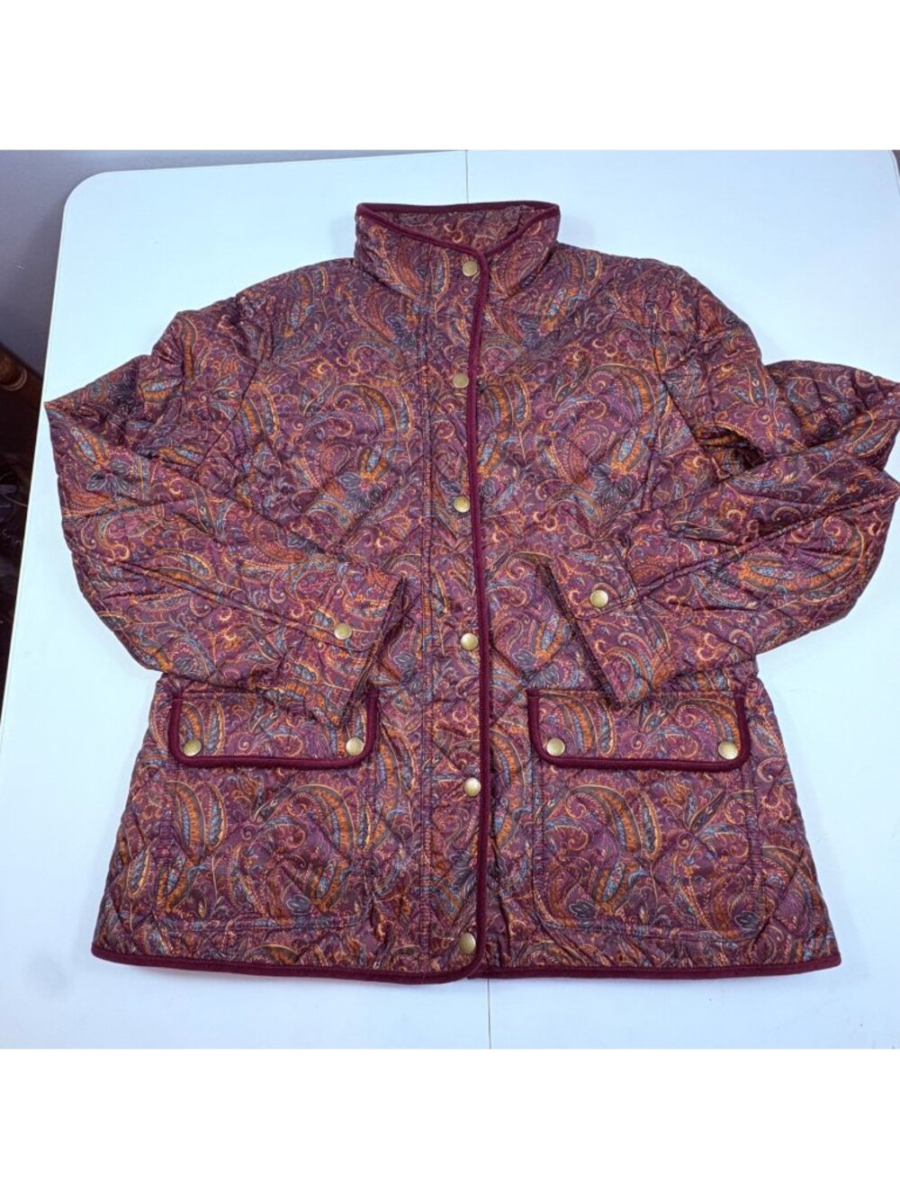 Talbots Quilted Paisley Jacket Womens M‎ Burgundy Multicolor Snap Front Pockets